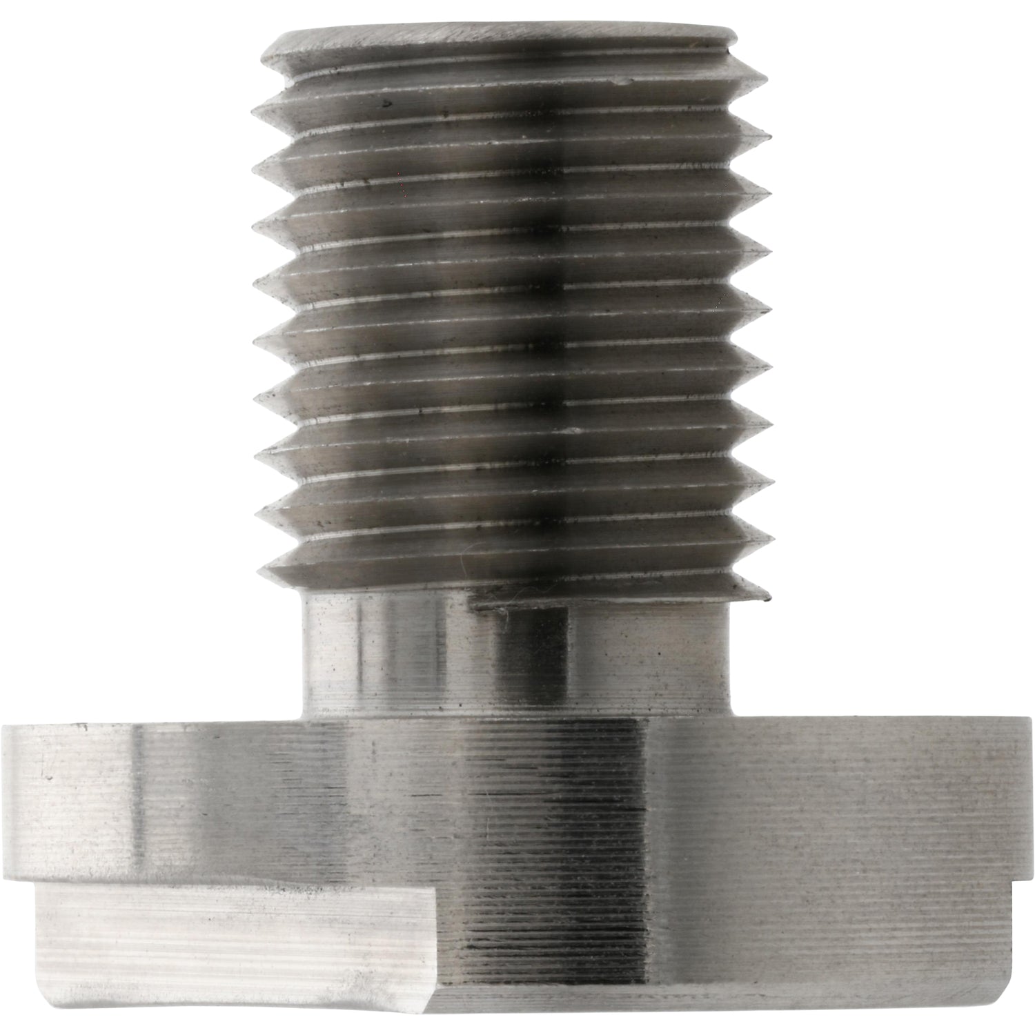 Stainless steel threaded screw with machined flats on white background. 