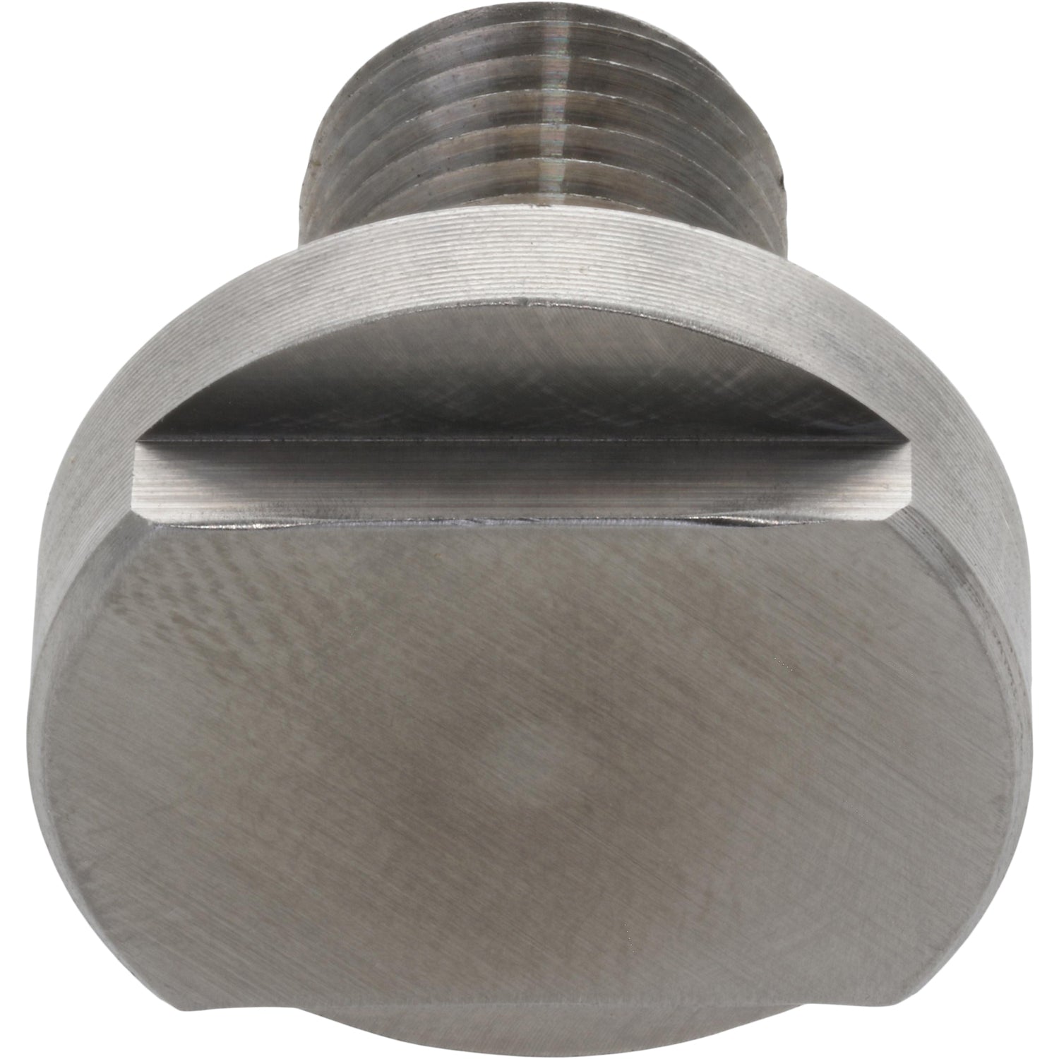 Stainless steel threaded screw with machined flats on white background. 
