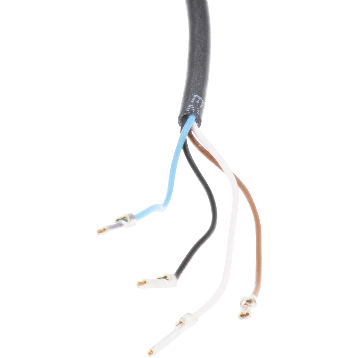 Black cable with exposed blue, black, white and brown wires on white background. 