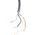 Black cable with exposed blue, black, white and brown wires on white background. 