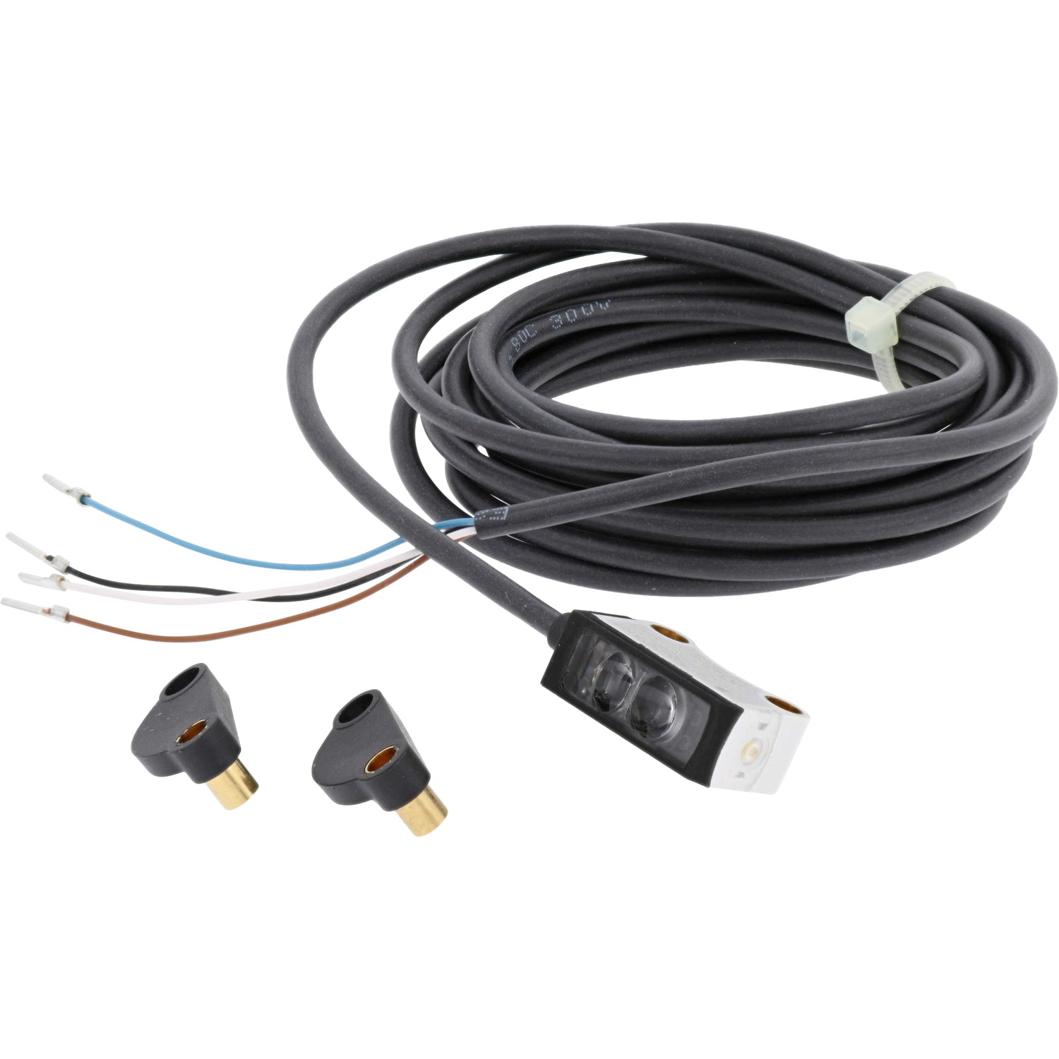 Coiled black sensor cable with black and white photo sensor on one end and four exposed wires (blue, black, white, brown) on the other end. Two mounting brackets are placed nearby. Parts shown on white background. 