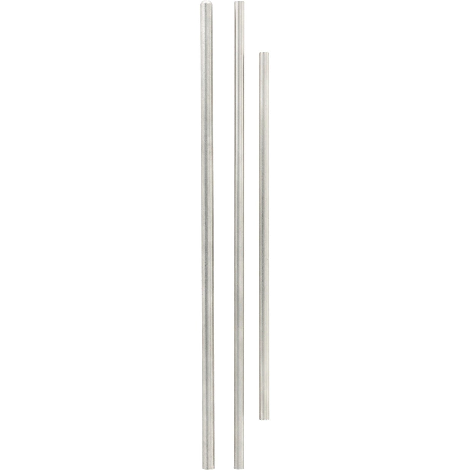 An assortment of three differently sized stainless steel tubes on white background. 