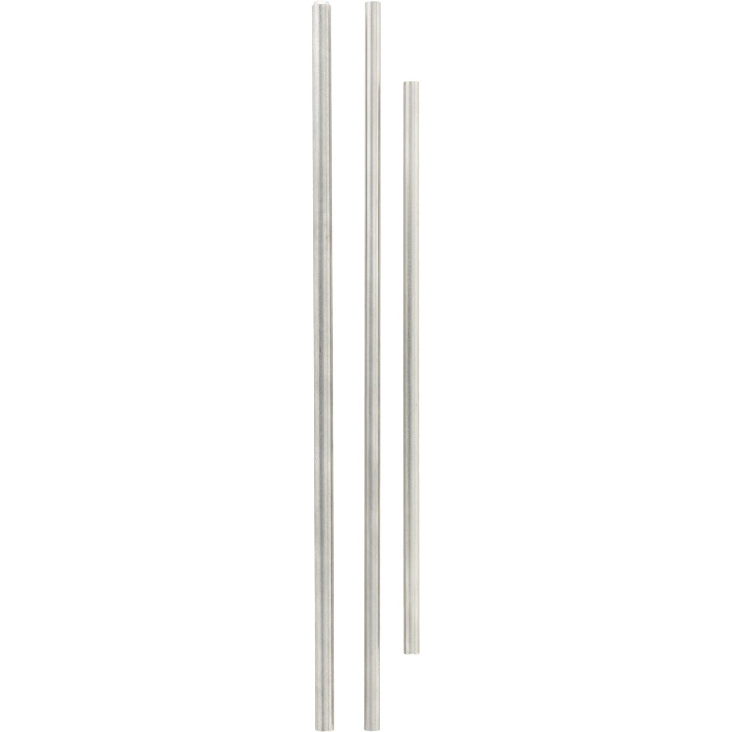 An assortment of three differently sized stainless steel tubes on white background. 