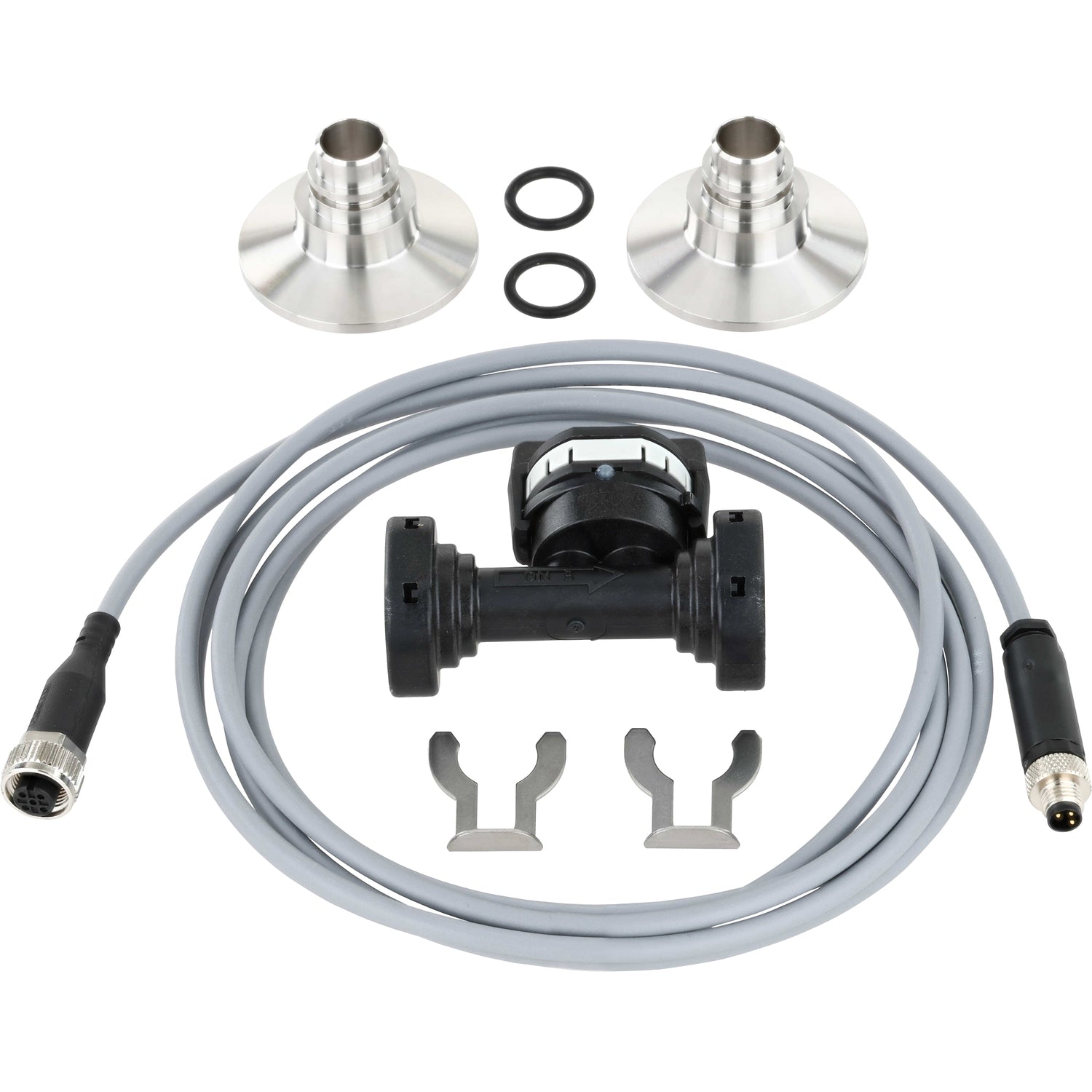 An assortment of parts on a white background that include two tri-clamp adapters, two rubber o-rings, two mounting clips, a black and white flow sensor, and a grey coiled sensor cable.