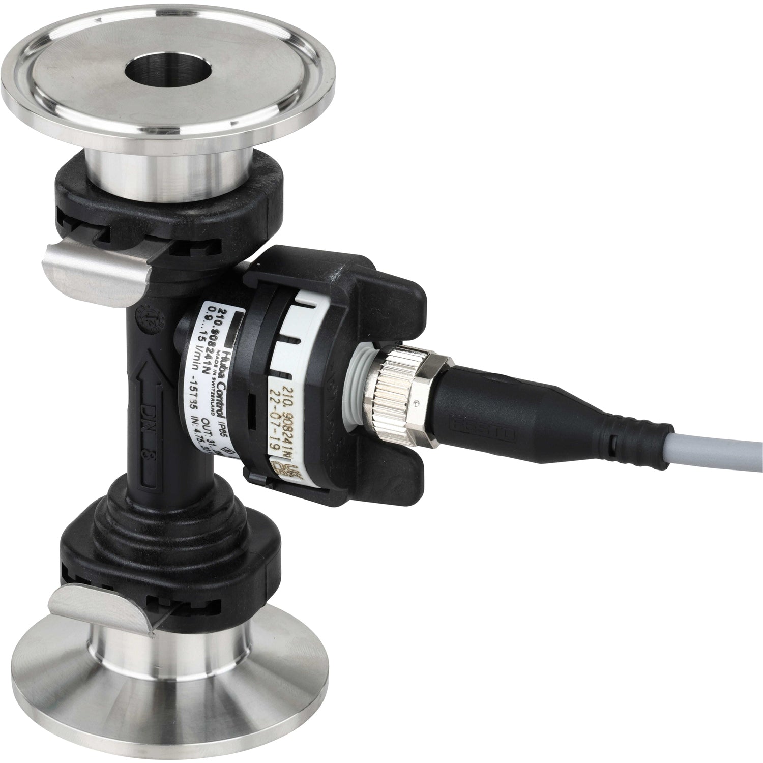 Black and white flow sensor with 1.5 inch stainless steel tri-clamp fittings on each end and a sensor cable connected to the center of part. This part is shown on a white background. 