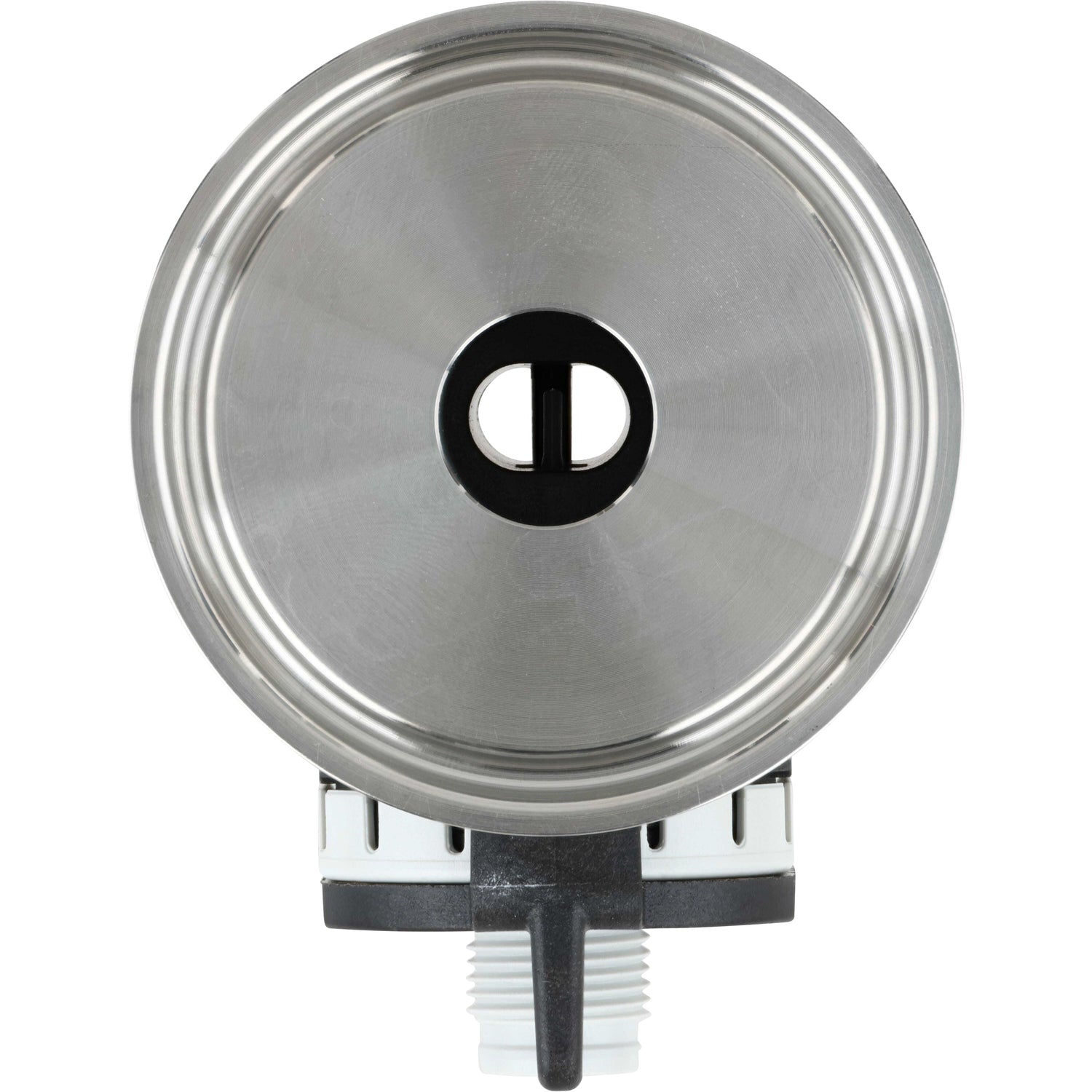 Stainless steel tri-clamp adapter with side of black and white flow meter showing on one side. Part shown on white background. 