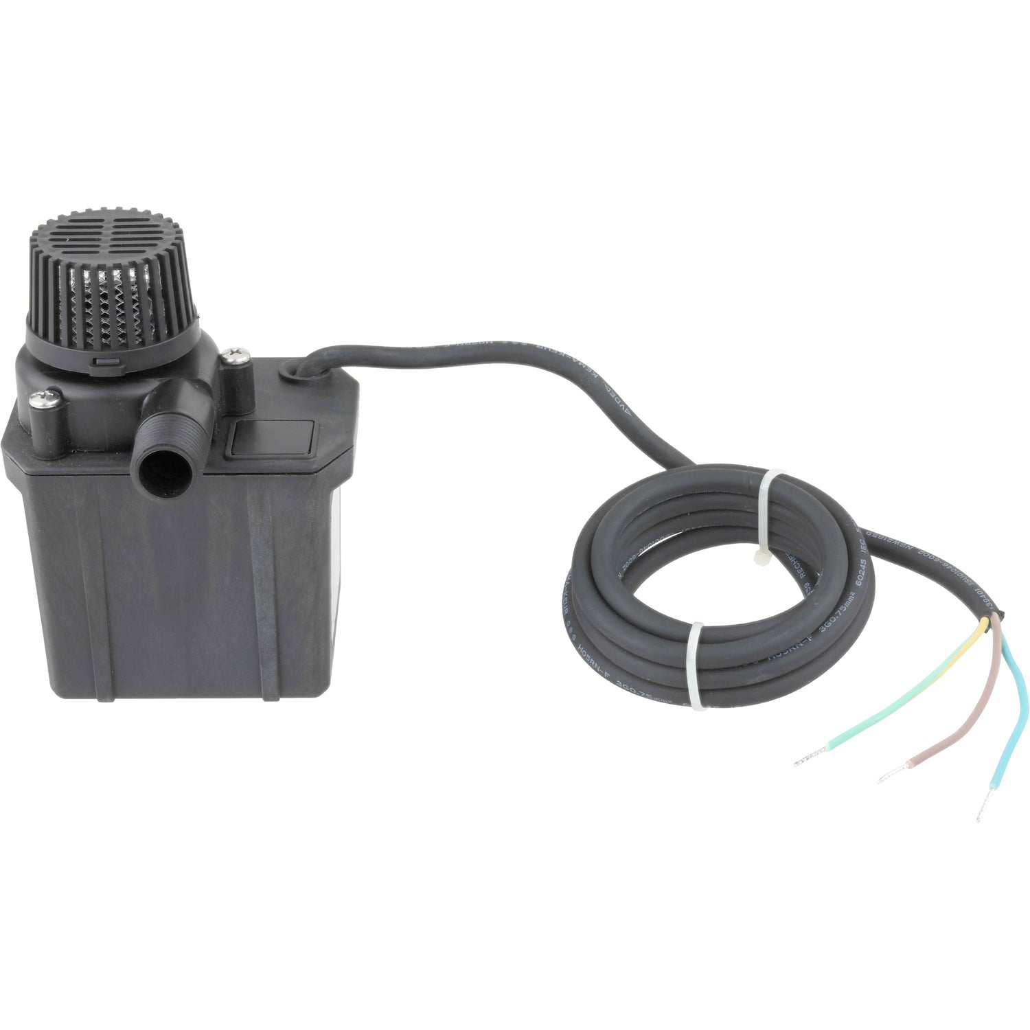 Black plastic submersible pump with coiled power cord on white background. G535C
