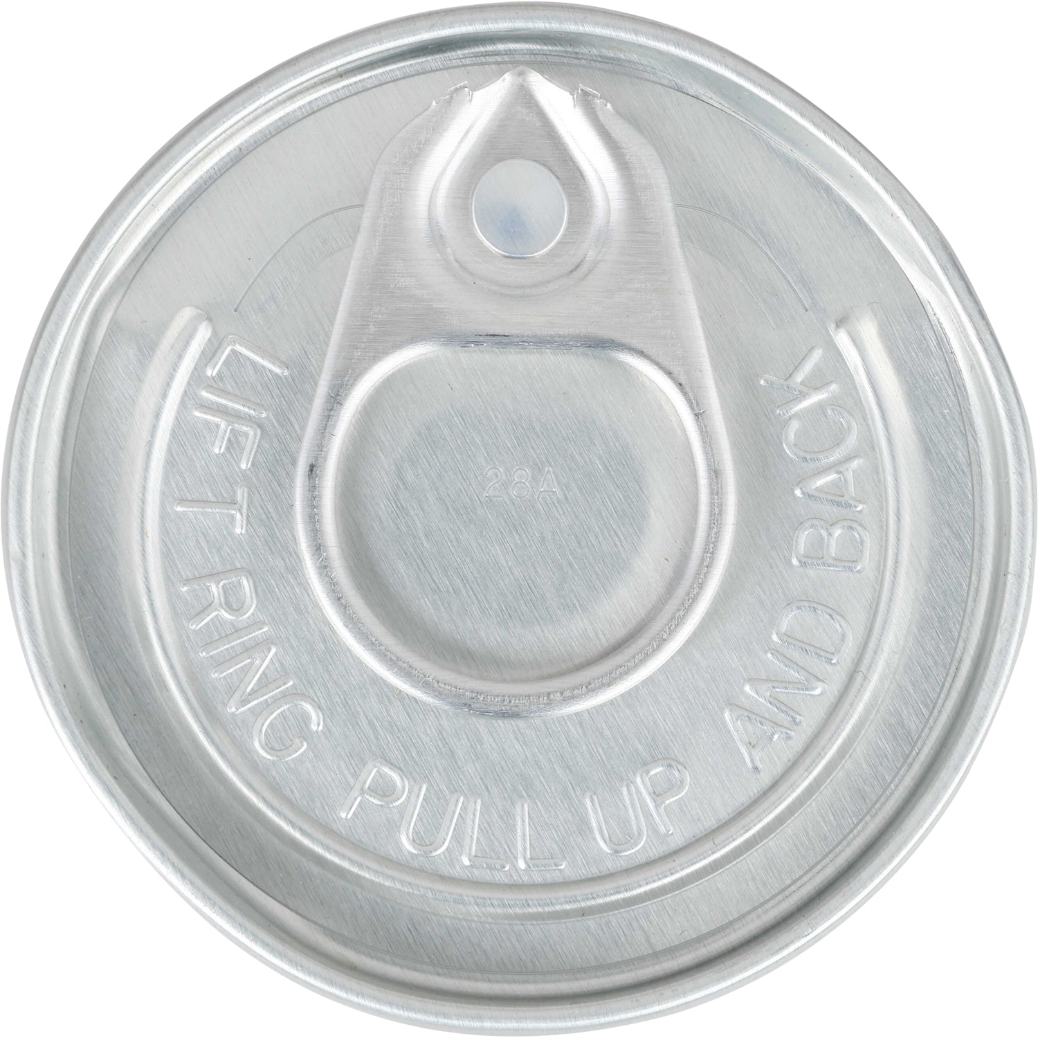 Metal pull tab on white background with pressed words that read &quot;Lift Ring Pull Up and Back&quot;