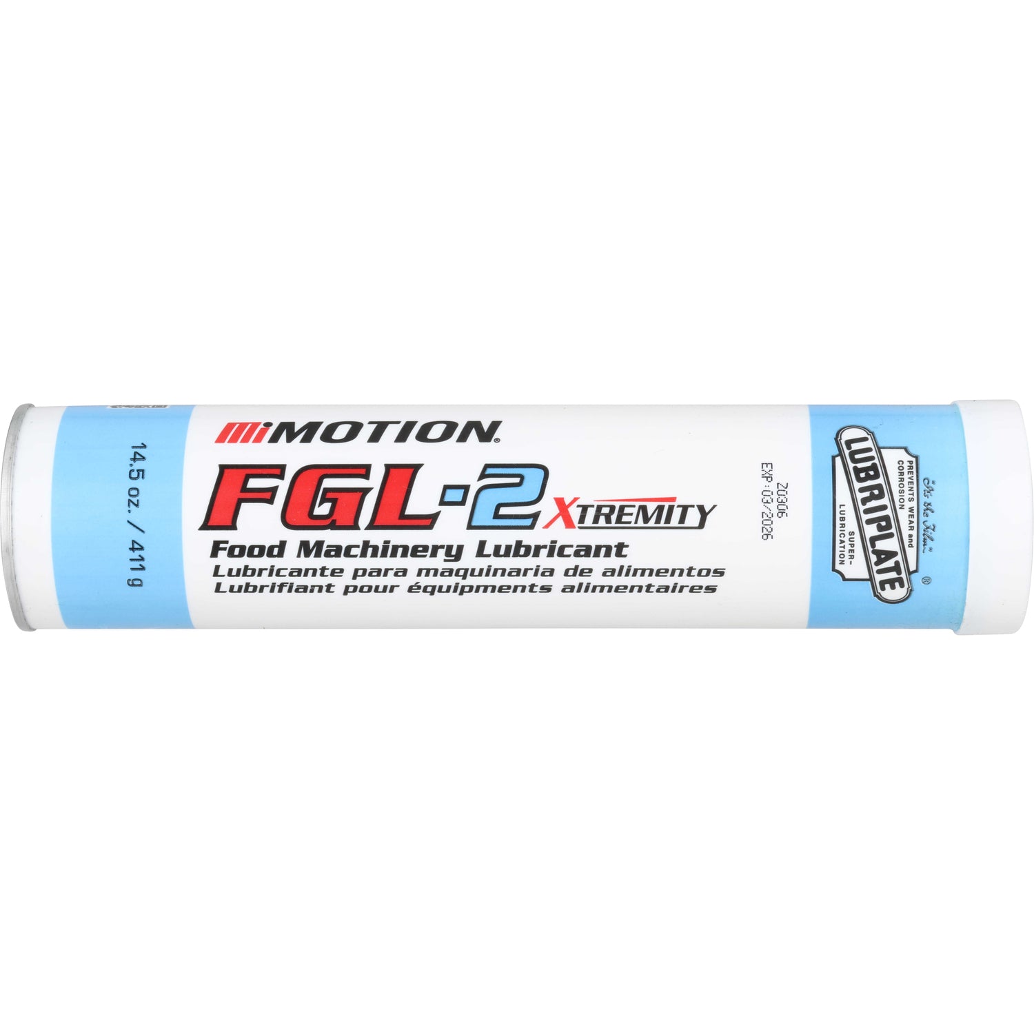 13oz blue and white tube of grease on white background. Text reads "Motion FGL-2 Xtremity Food Machinery Lubricant, Lubricante para maquinaria de alimentos, lubrifiant pour equipments alimentaires."