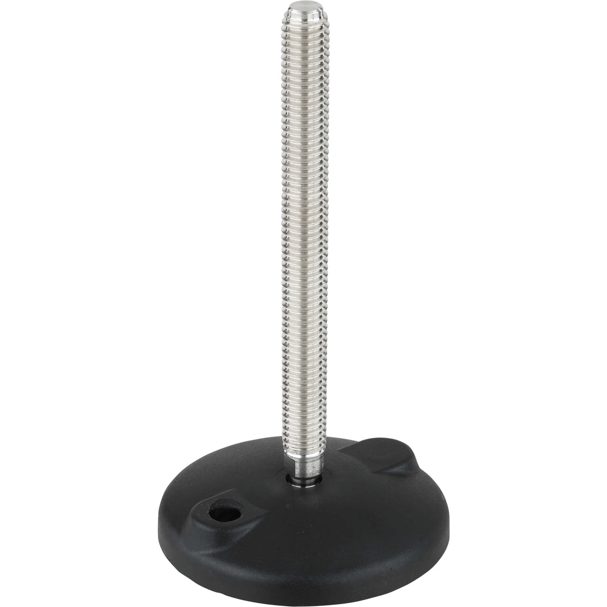 Threaded stainless steel post, pressed into a circular black plastic base. Shown on a white background.