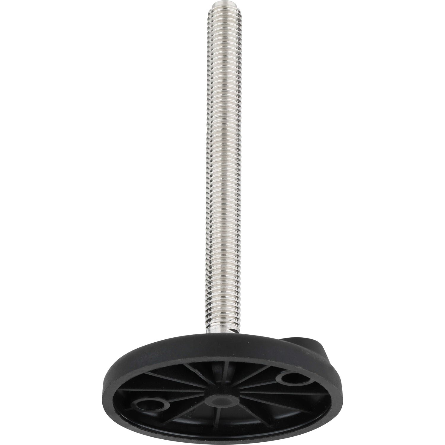 Threaded stainless steel post, pressed into a circular black plastic base. Shown on a white background.