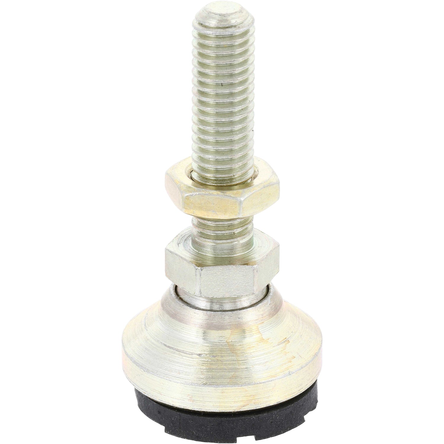 Yellow zinc-plated steel swivel leveling mount/foot with black rubber cushion and 32 mm long M8 threaded stud on white background. 