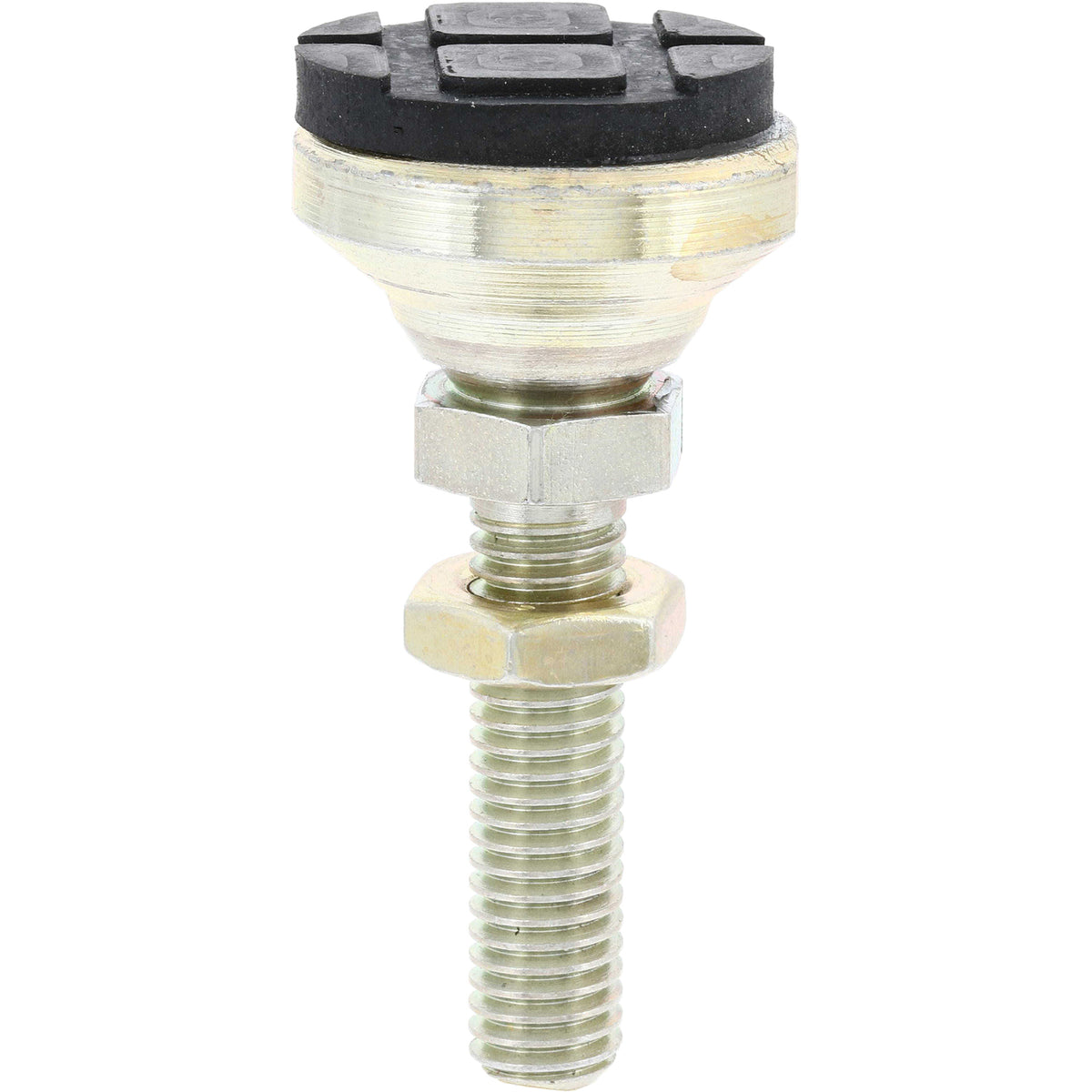 Yellow zinc-plated steel swivel leveling mount/foot with black rubber cushion and 32 mm long M8 threaded stud on white background.