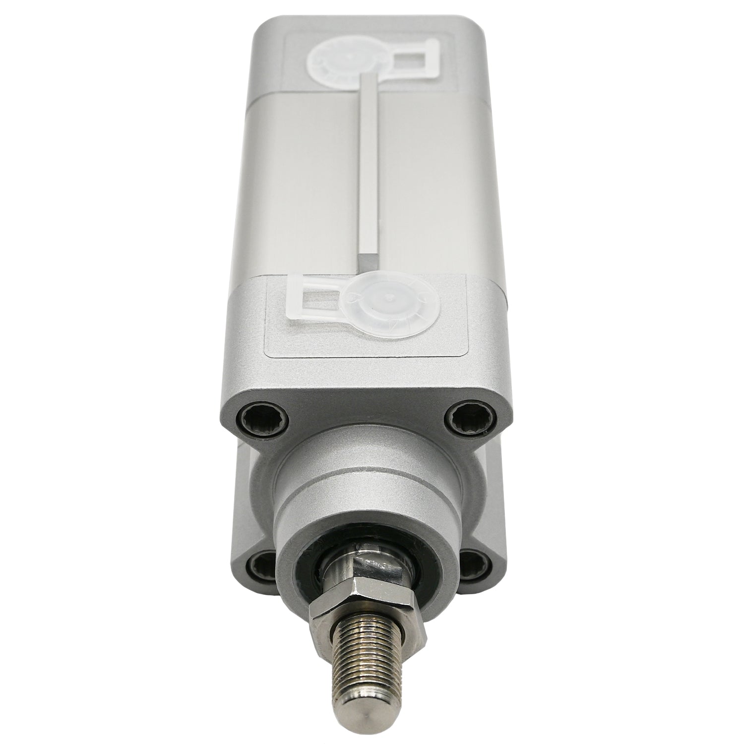 Pneumatic cylinder on white background. Cylinder's threaded cylinder rod and seal are shown