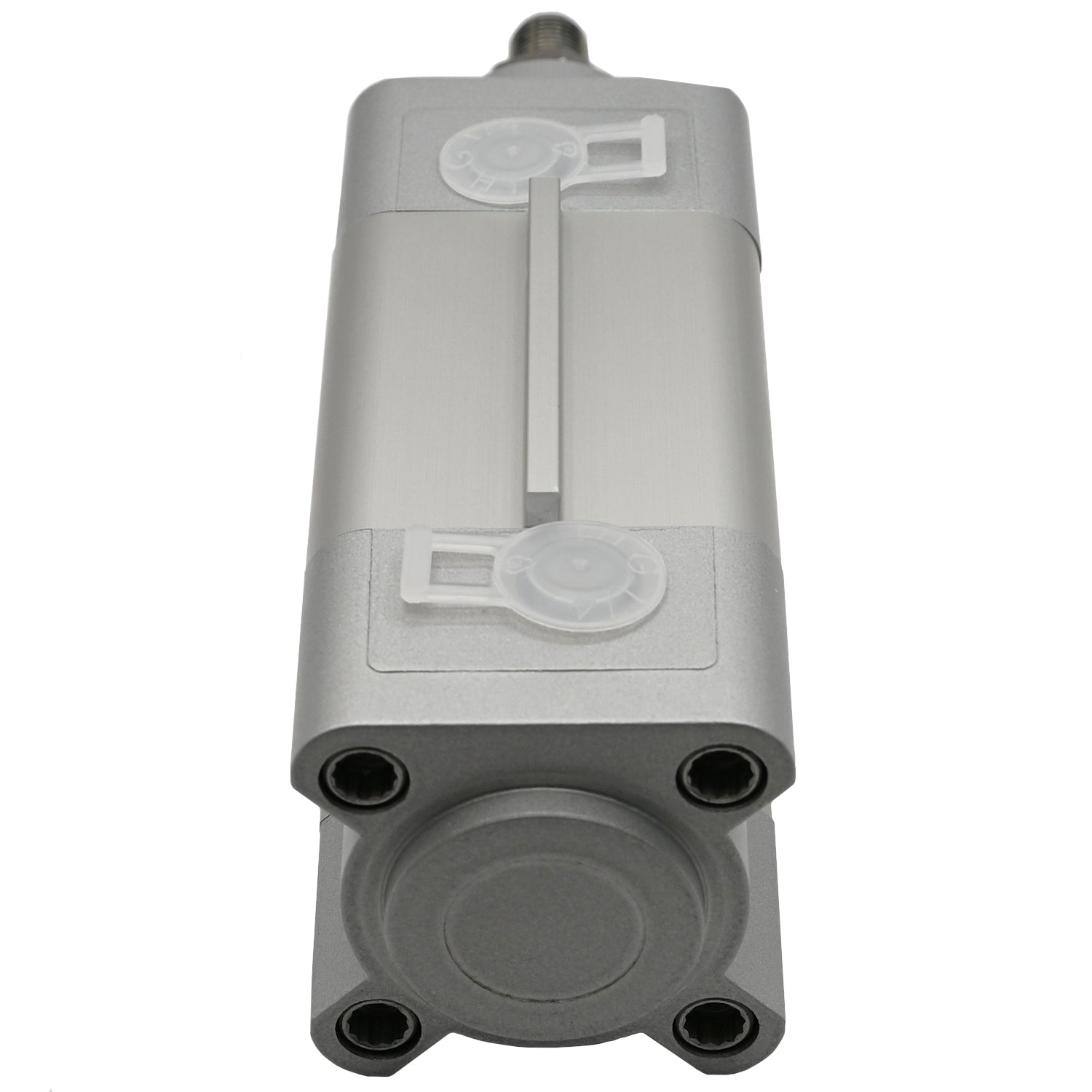 Pneumatic cylinder on white background. Cylinder's threaded cylinder rod and seal are shown