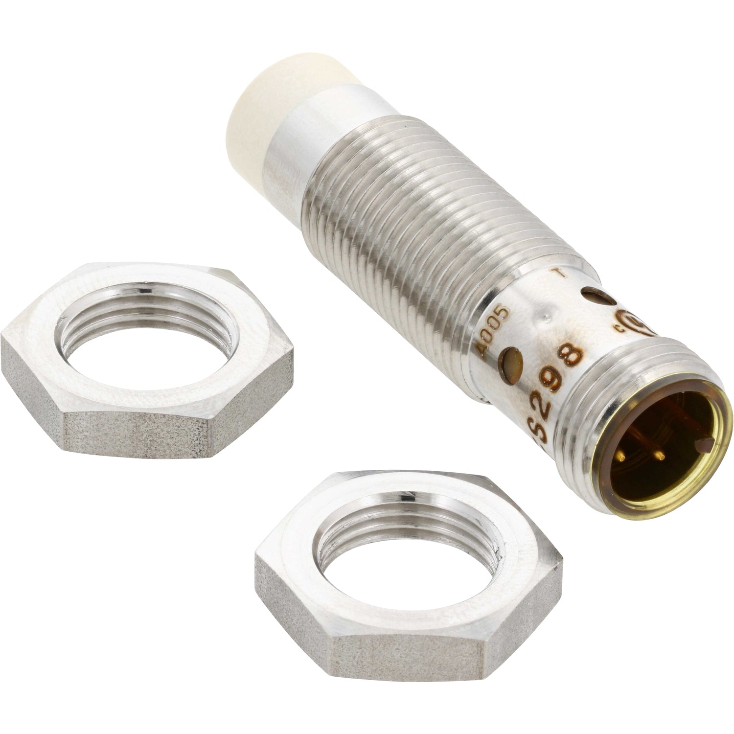 Threaded inductive sensor with white tipped cap and two stainless steel hex nuts on white background. IFS298