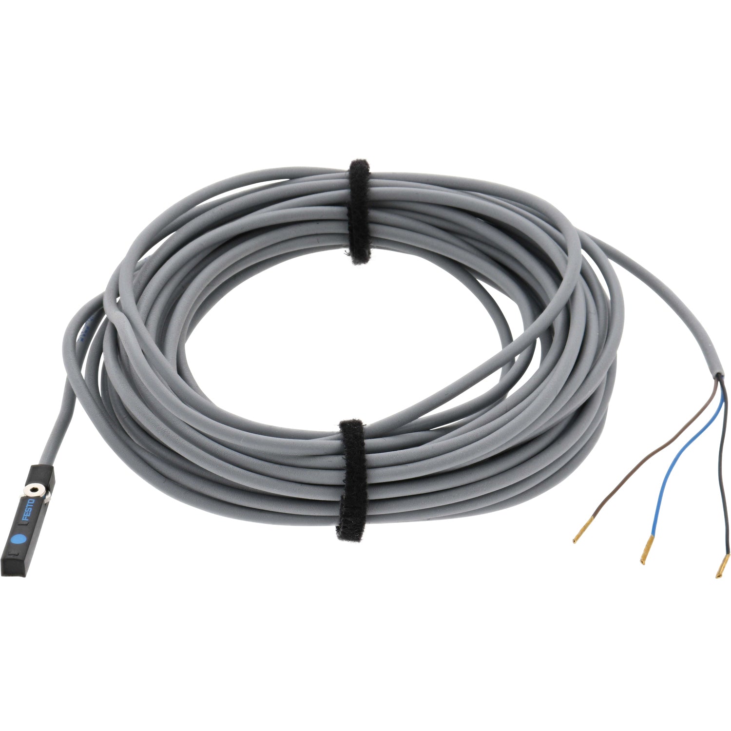 Grey, coiled connecting cable with small, black, rectangular sensor on one end and exposed blue, brown, and black wires on other end. Sensor and cable are shown on a white back ground. 551386