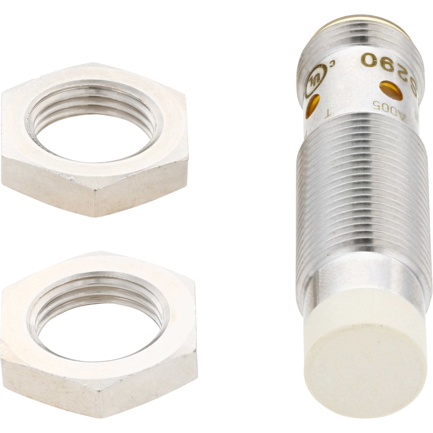 Threaded inductive sensor with white tipped cap and two stainless steel hex nuts on white background. IFS290