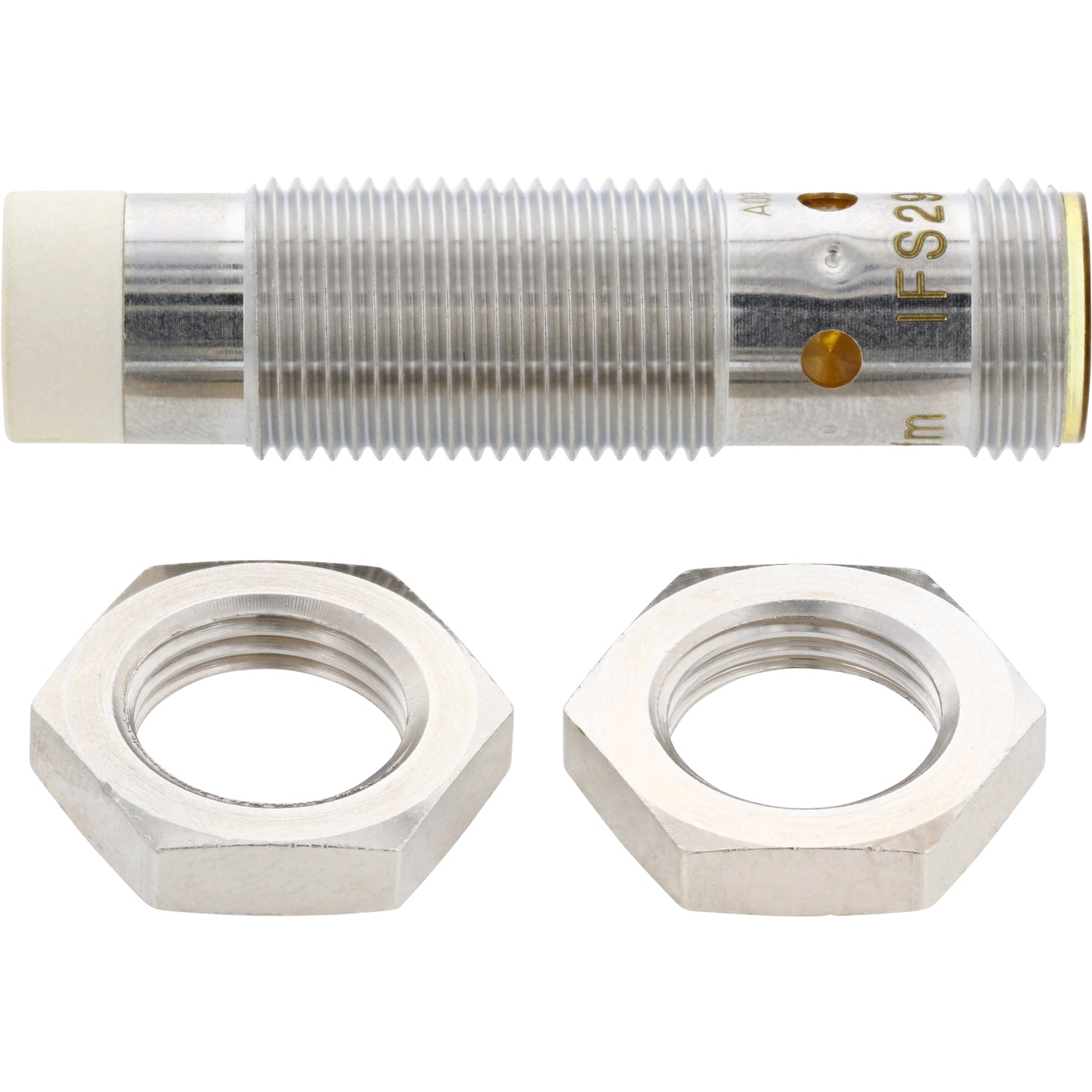 Threaded inductive sensor with white tipped cap and two stainless steel hex nuts on white background. IFS290