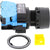 Black push button with black and blue housing on white background.