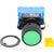 Green push button with black and blue housing on white background.