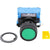 Green push button with black and blue housing on white background.