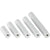 An assortment of grey hexagonal hard anodized aluminum standoffs on white background.