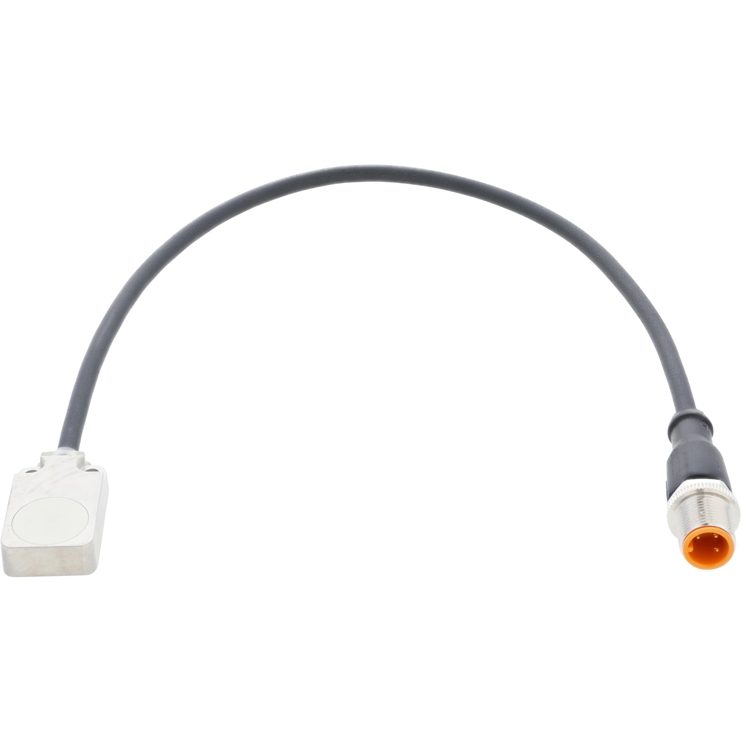 Black sensor cable with rectangular inductive sensor on one end and a 3 pin male connector on the other. Part shown on white background. 