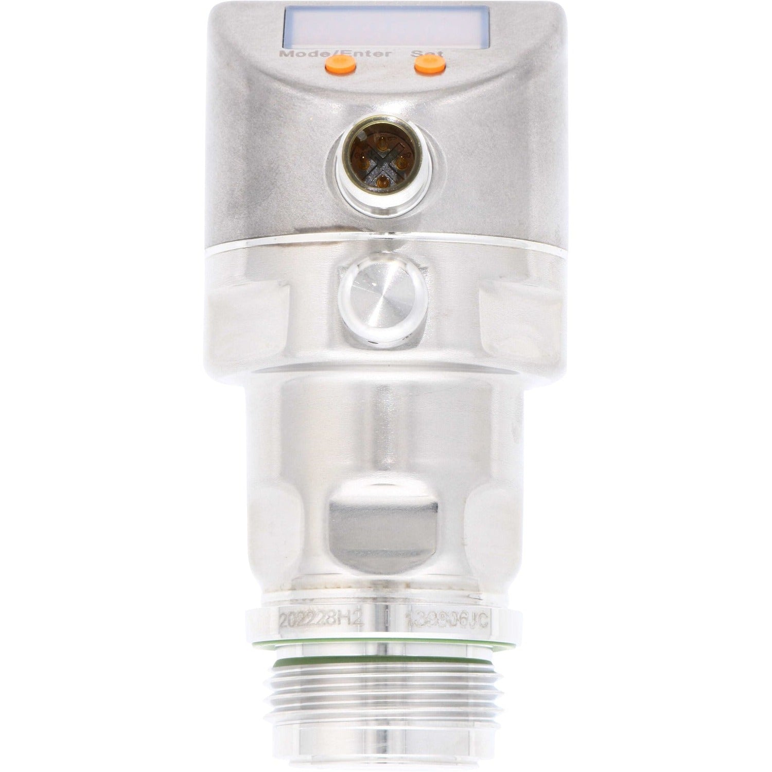 Cylindrical stainless-steel pressure sensor with four pin electrical connection port. Pressure sensor is shown on white background. PI2796
