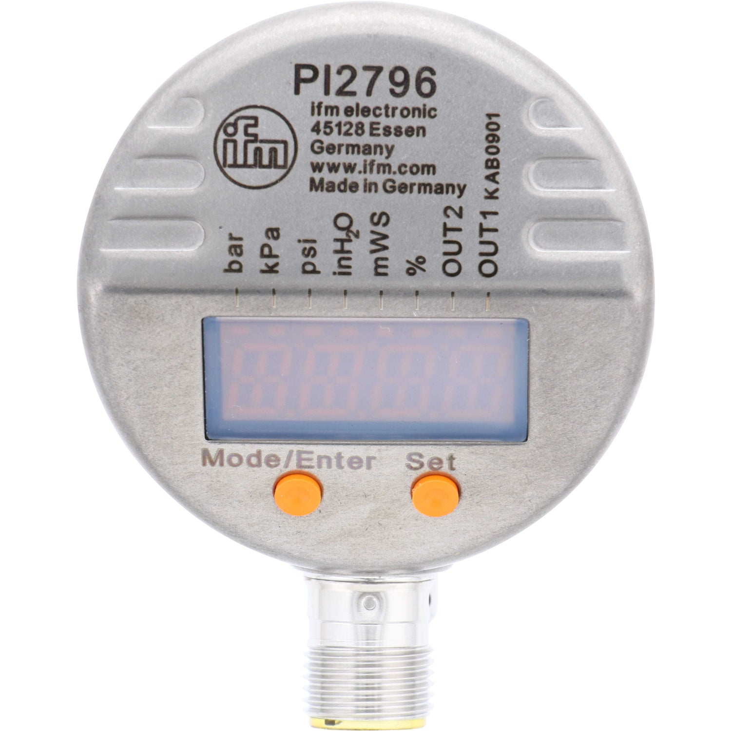 Cylindrical stainless-steel pressure sensor with digital display, two orange push buttons, light text printed on surface. Pressure sensor is shown on white background. PI2796