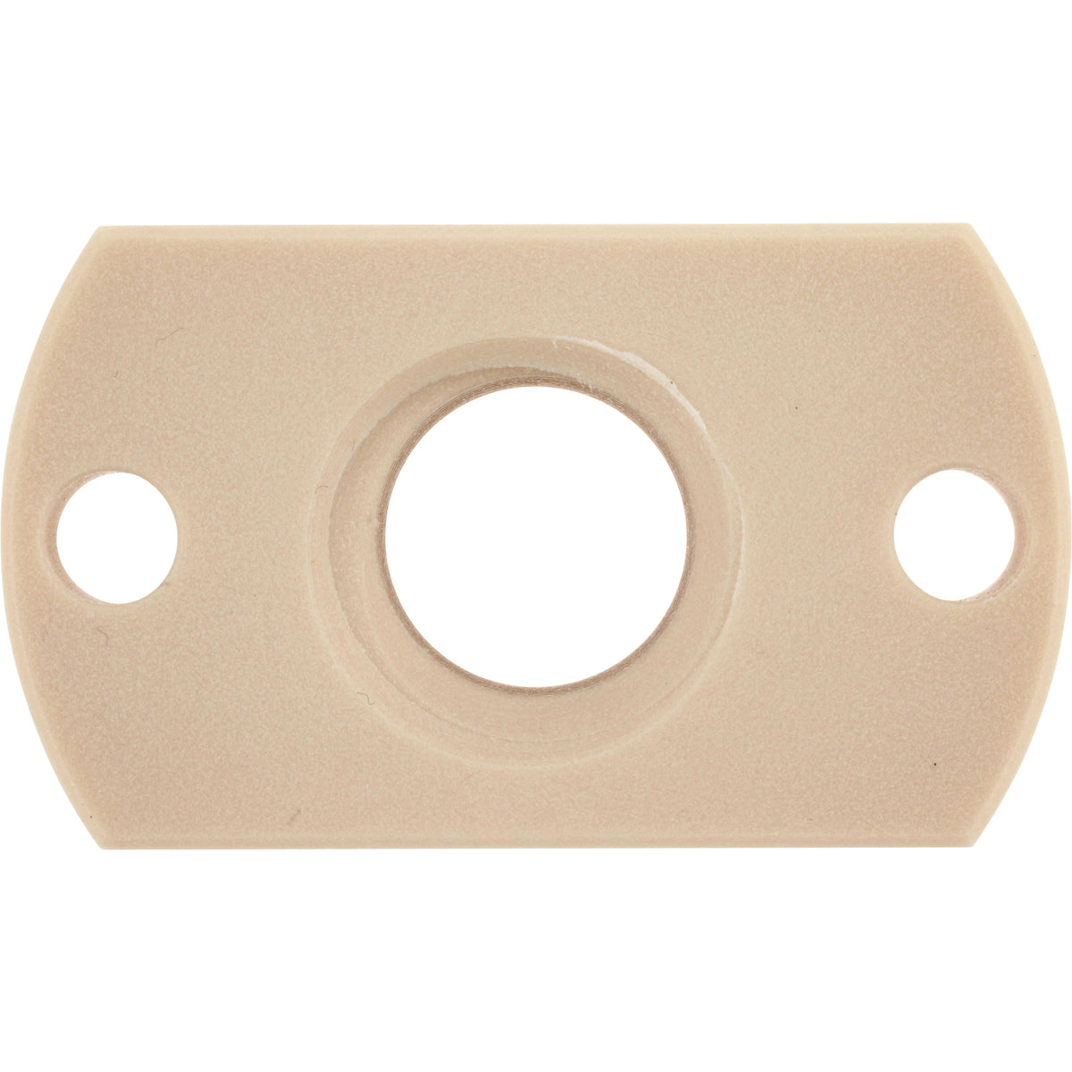 Off white DryLin® flange lead screw nut with flat, trapezoidal thread on white background. 