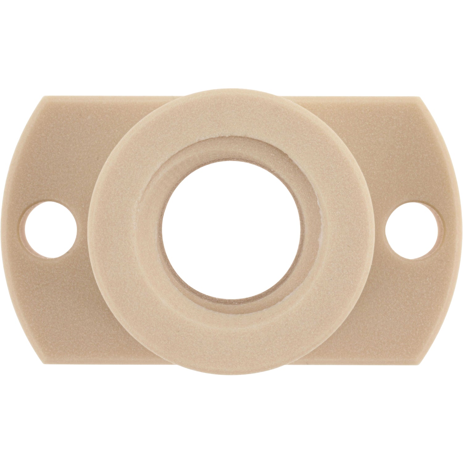 Off white DryLin® flange lead screw nut with flat, trapezoidal thread on white background. 