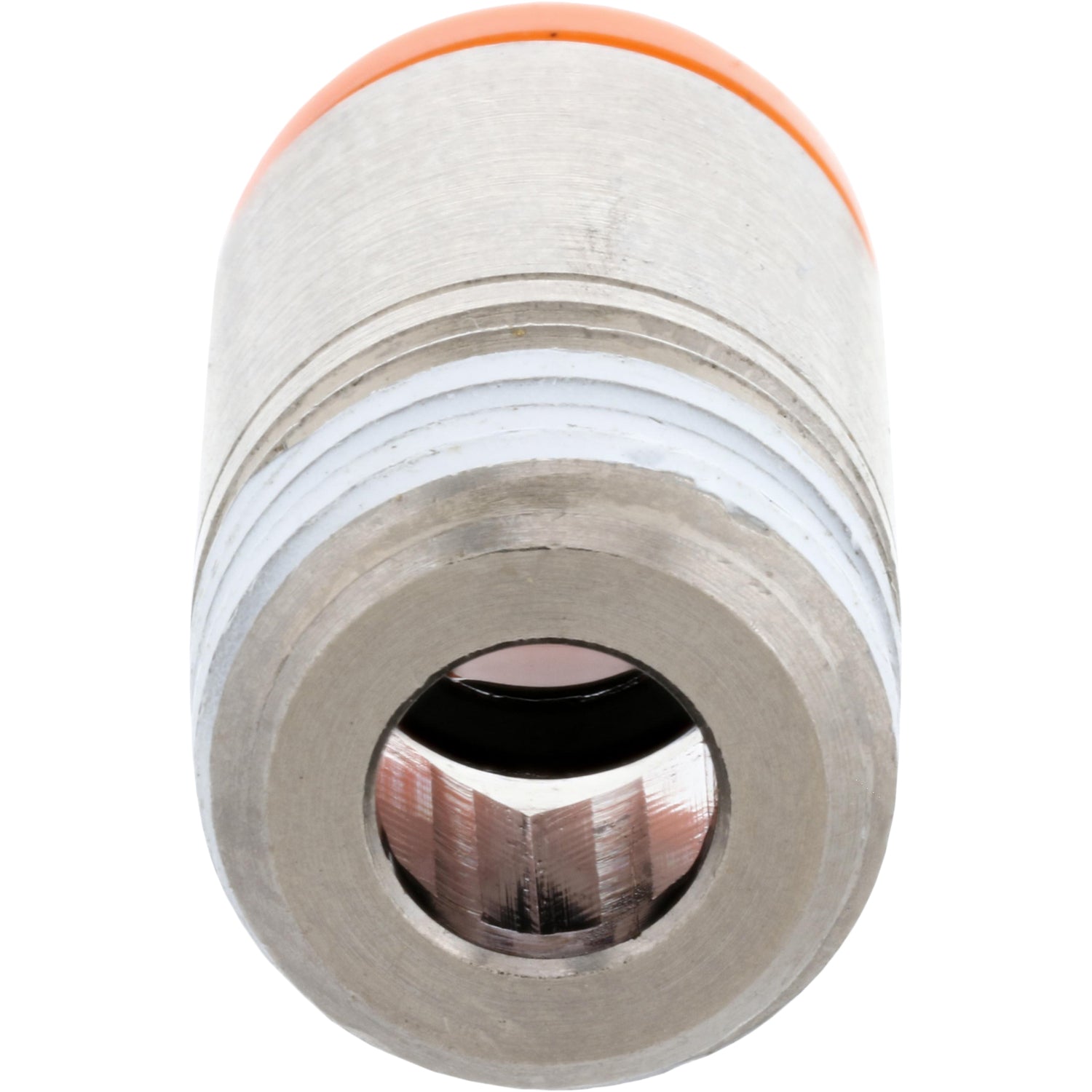 stainless steel and orange plastic push connect fitting on white background. 