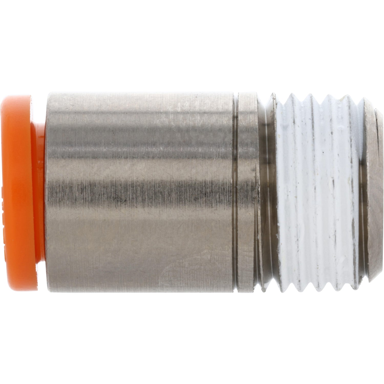 stainless steel and orange plastic push connect fitting on white background. 