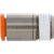 stainless steel and orange plastic push connect fitting on white background. 