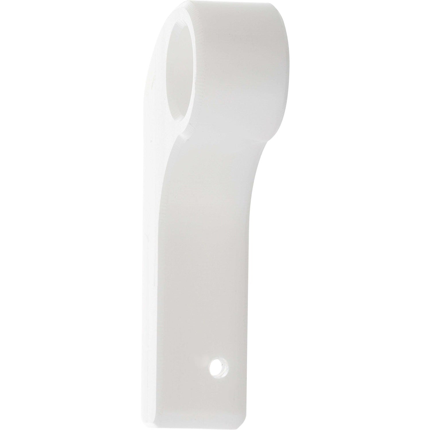 White plastic machined part with two threaded holes shown on white background. 