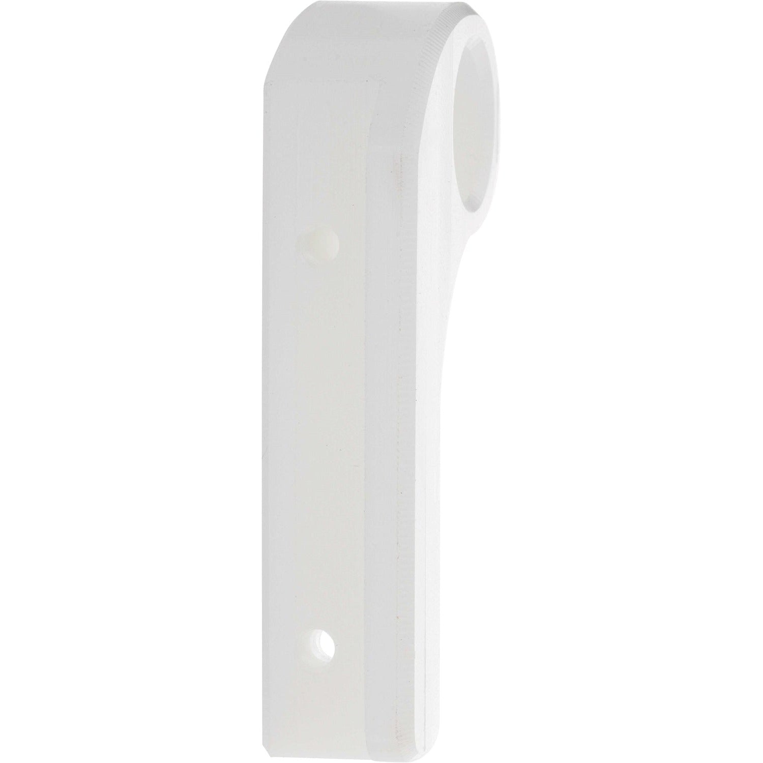 White plastic machined part with two threaded holes shown on white background. 
