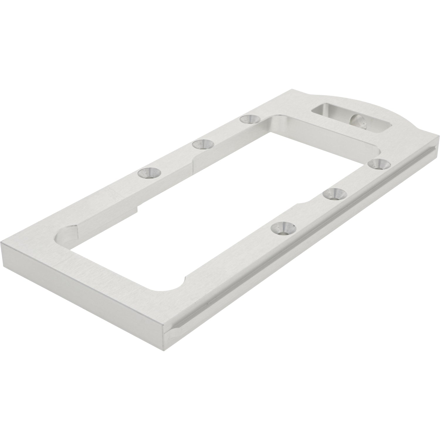 Gray aluminum rectangular part with center cut out and multiple through holes. on a white background.