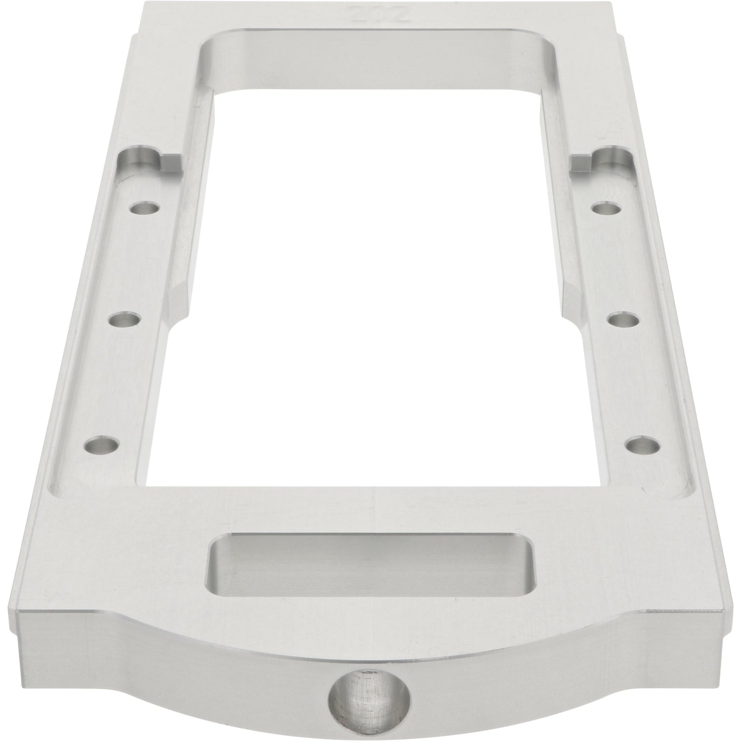 Gray aluminum rectangular part with center cut out and multiple through holes. on a white background. 