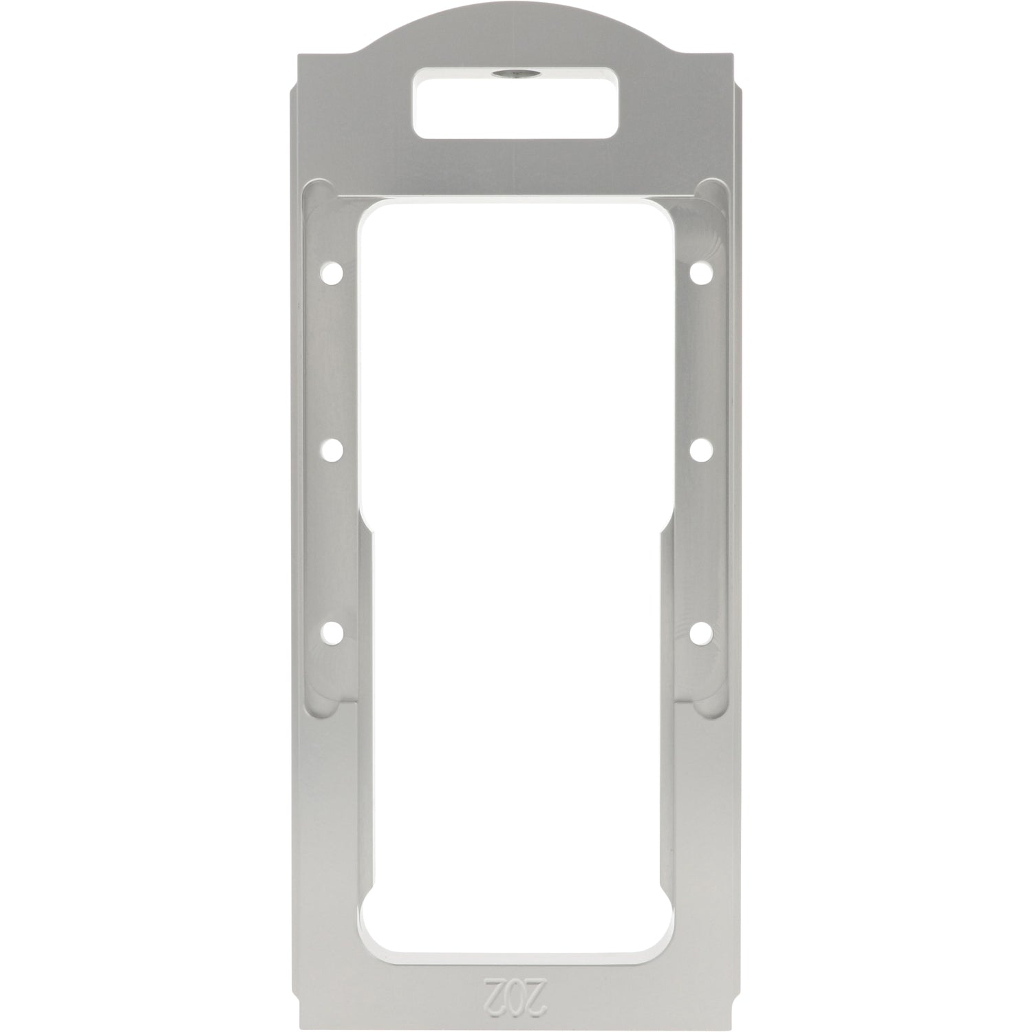 Gray aluminum rectangular part with center cut out and multiple through holes. on a white background.