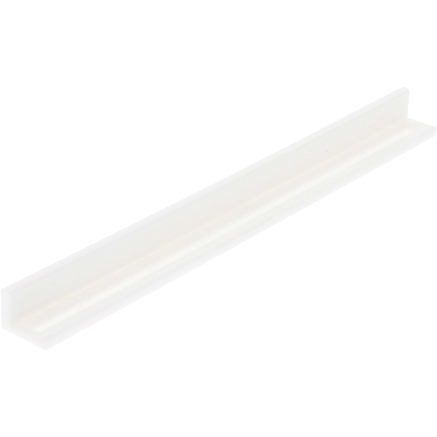 White plastic 90 degree rail with a groove machined into one of the inner surfaces of the part. Part is shown on white background. 