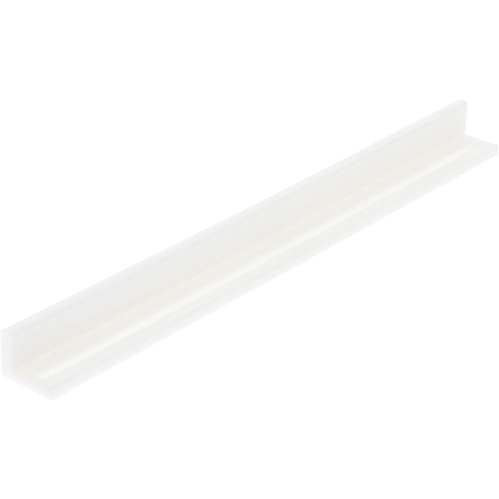 White plastic 90 degree rail with a groove machined into one of the inner surfaces of the part. Part is shown on white background. 