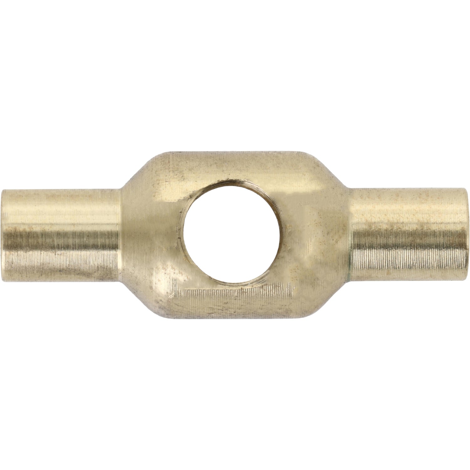 Brass cylindrical part with ends that have a smaller diameter than the center of the part. A threaded hole passes through the center of the part. Part shown on white background.