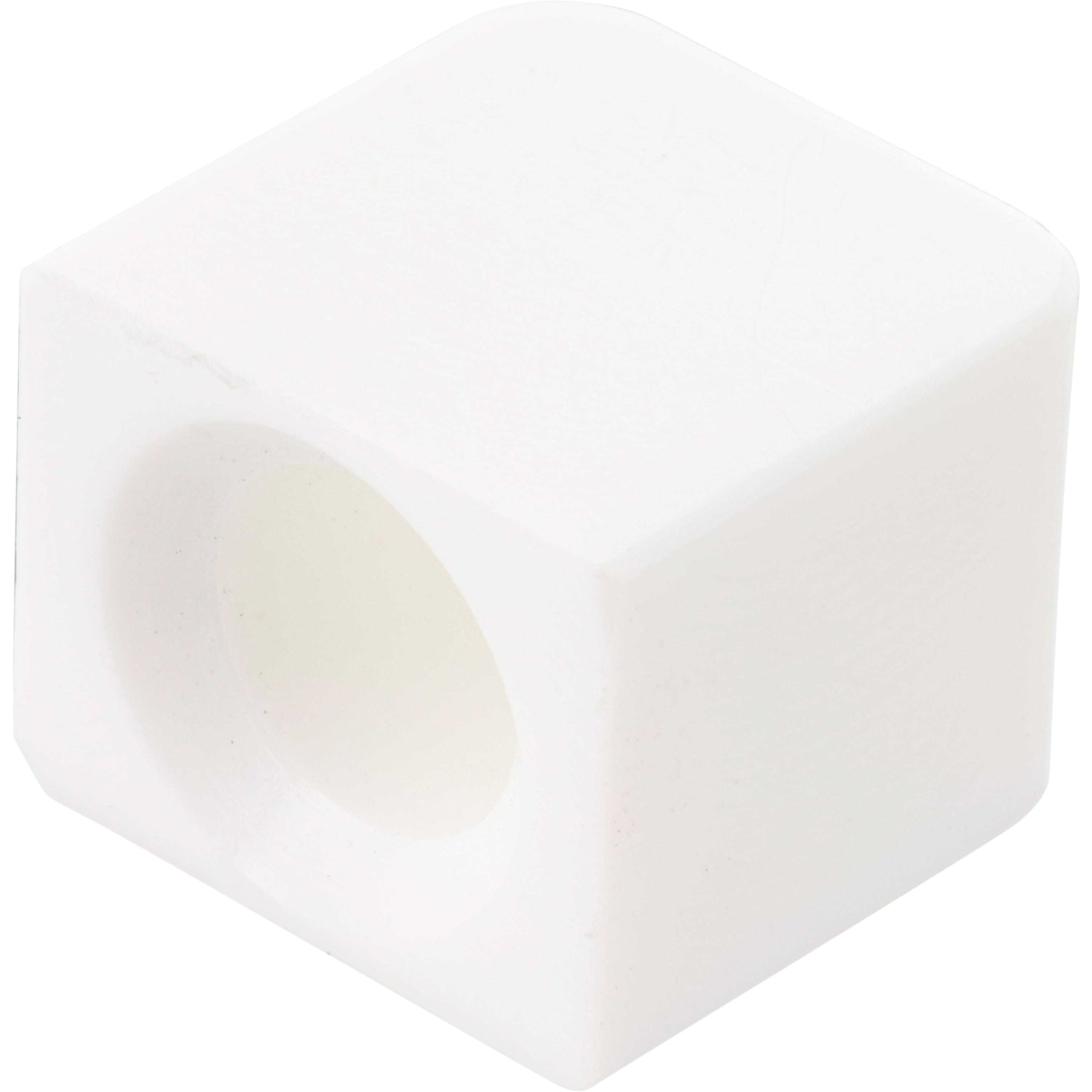 White plastic cube shaped part with center hole shown on white background. 