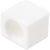 White plastic cube shaped part with center hole shown on white background. 