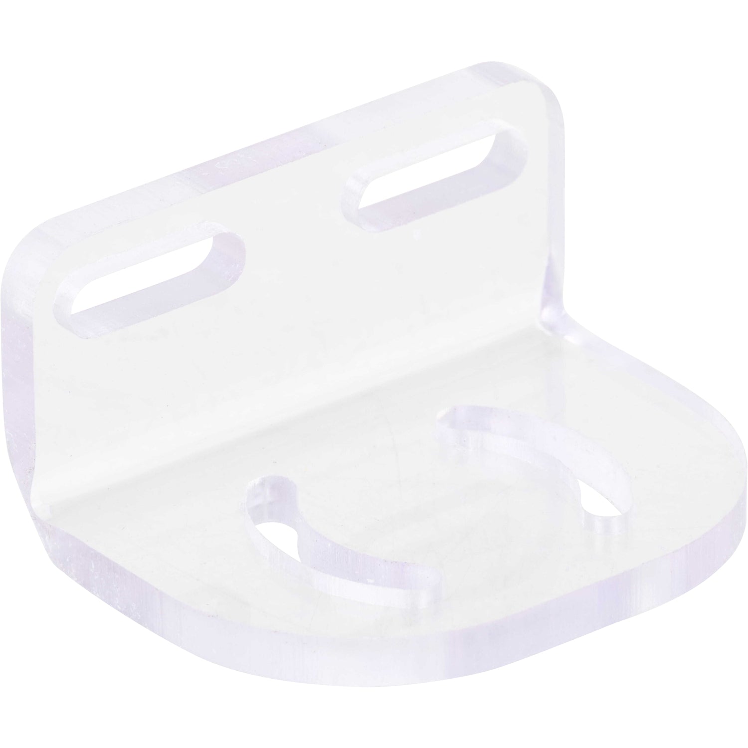 Bent, transparent polycarbonate part with four slotted holes.  Part shown on white background. 