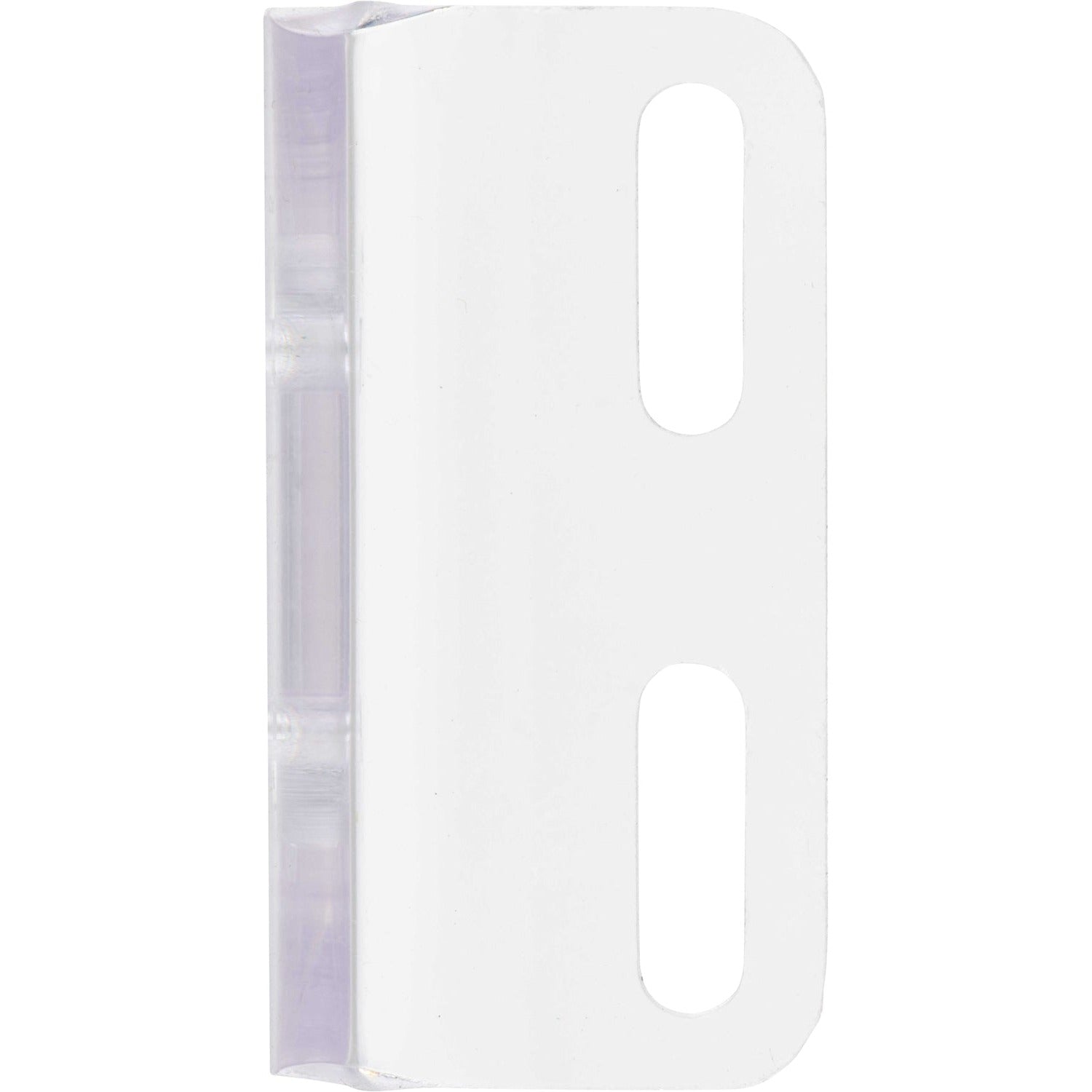 Bent, transparent polycarbonate part with four slotted holes.  Part shown on white background. 