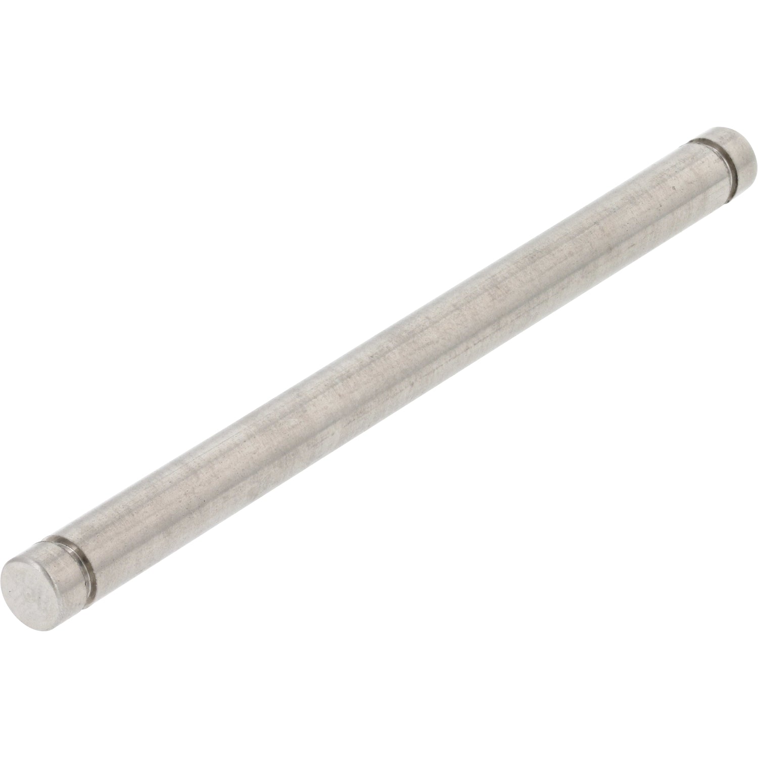 Stainless steel cylindrical dowel with a small notch cut into each end. Shown on white background. 