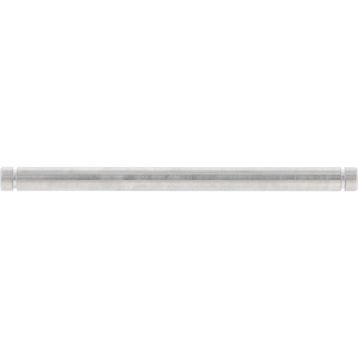 Stainless steel cylindrical dowel with a small notch cut into each end. Shown on white background. 