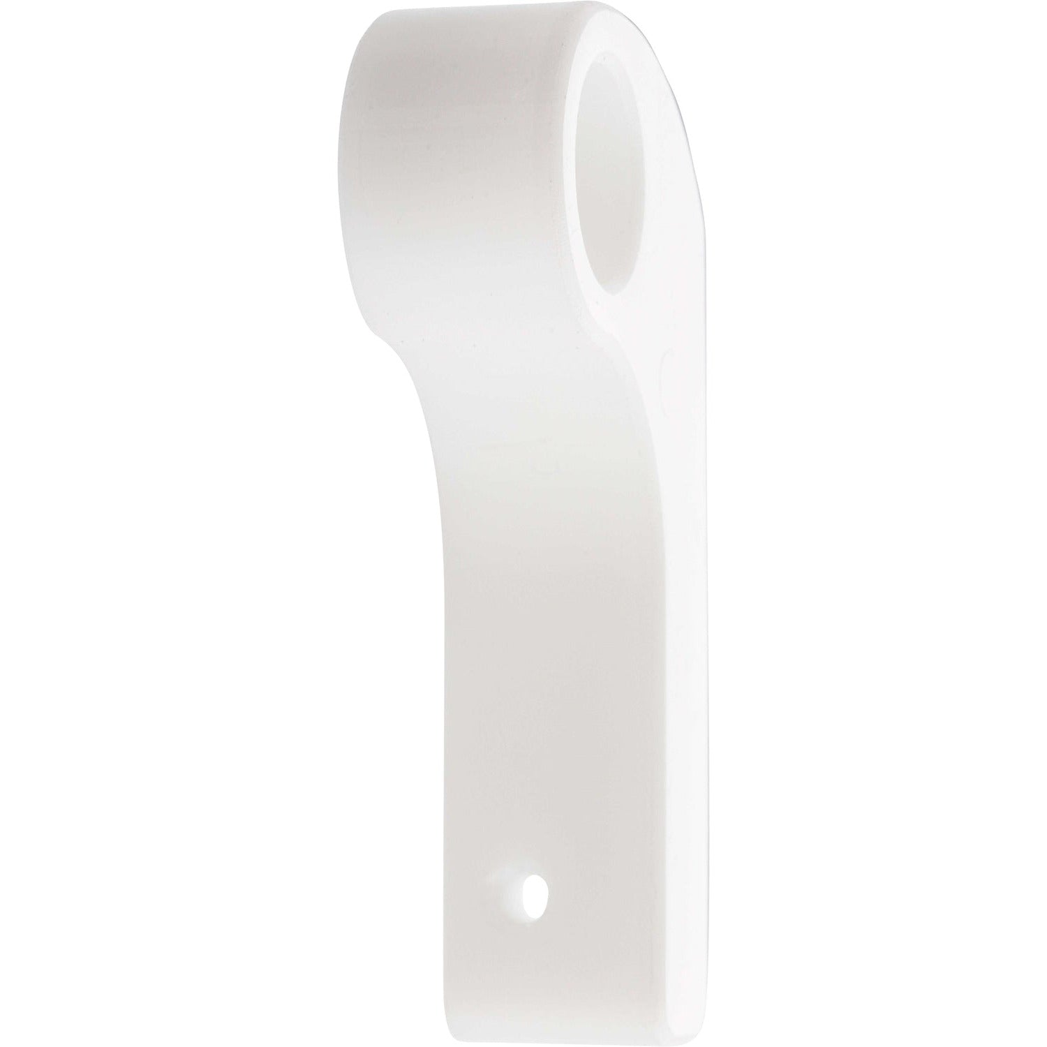 White plastic machined part with two threaded holes shown on white background. 